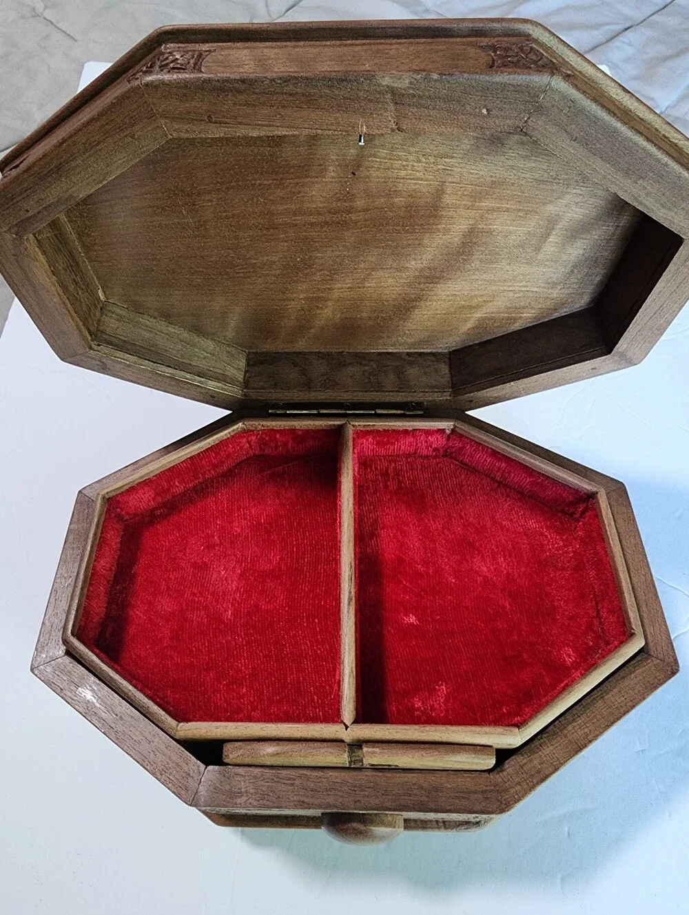 Vintage Mid Century Hand Carved Natural Wood Jewelry Box 2 Lined Layers